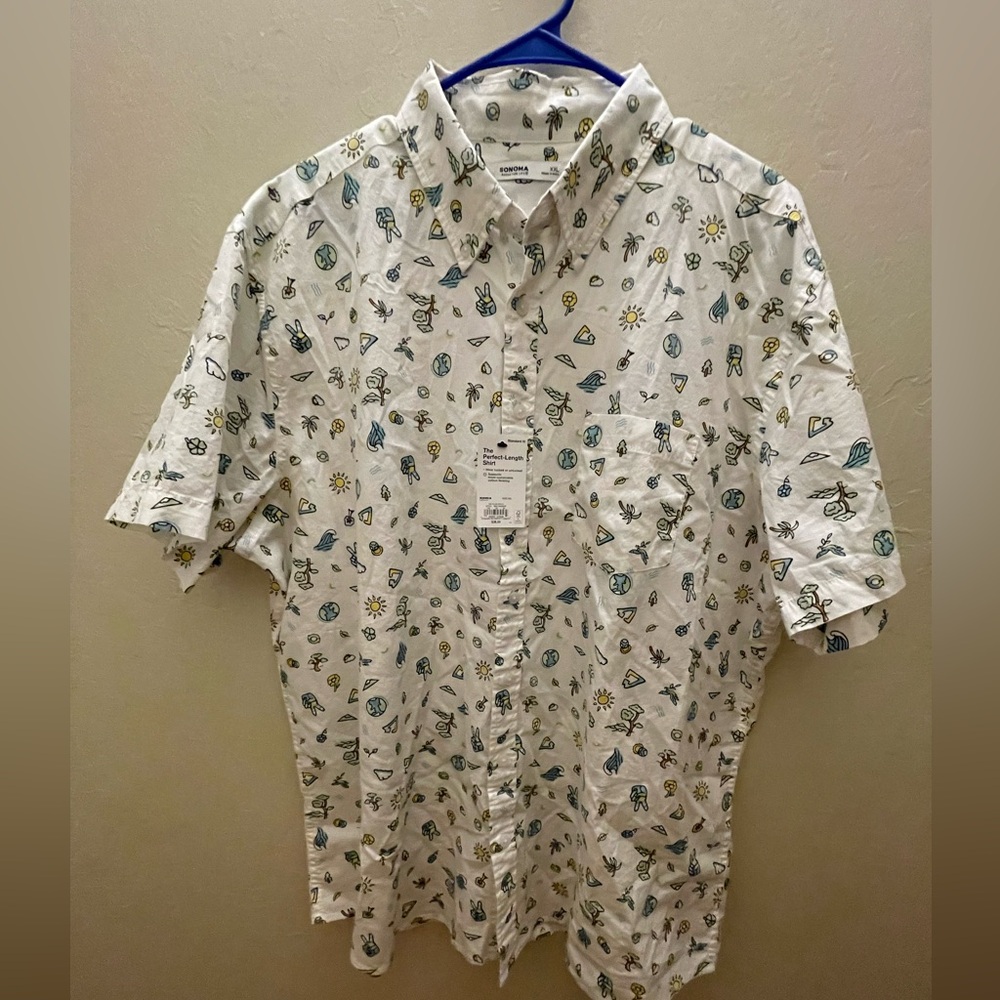 Sonoma Perfect Length White Shirt with Colorful Patterns NWT